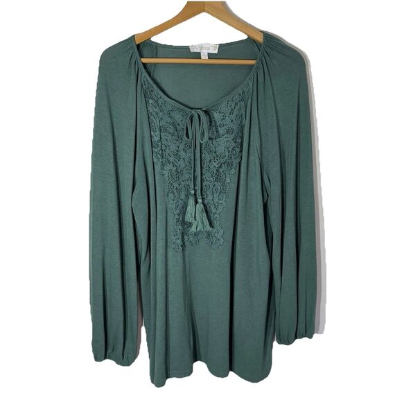 Weekend Suzanne Betro Women's Crocheted Boho Top Long Sleeve Green V-Neck 1X - Picture 1 of 7